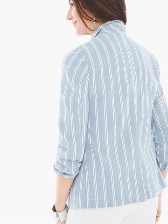 Chico's Blue White Size 1 Medium Striped Blazer Chambray Washable Cotton Stretch - Picture 2 of 12